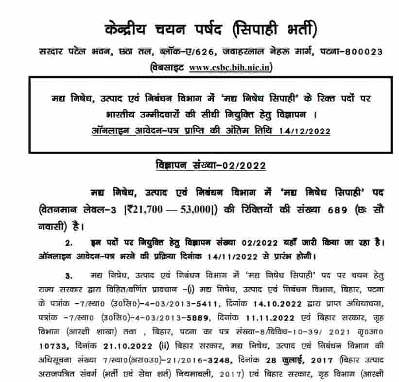 CSBC Bihar Police Prohibition Constable Recruitment 2022 Notification 